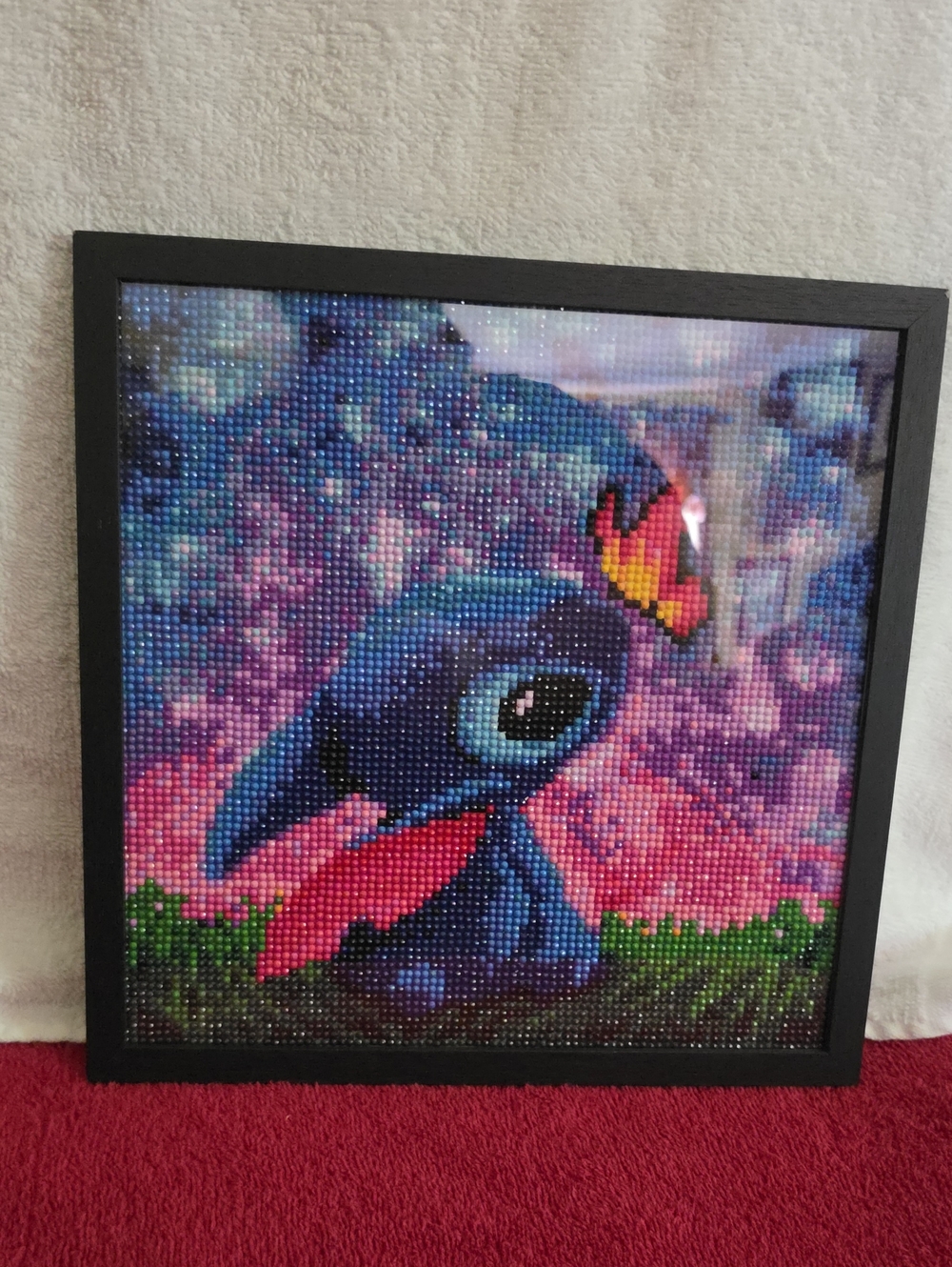 Framed Blue Stitch Diamond Painting with Pink and Green Accents